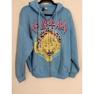 H&M Divided Def Leppard Graphic Zip Up Hoodie Blue Mens Small Rock Band Retro